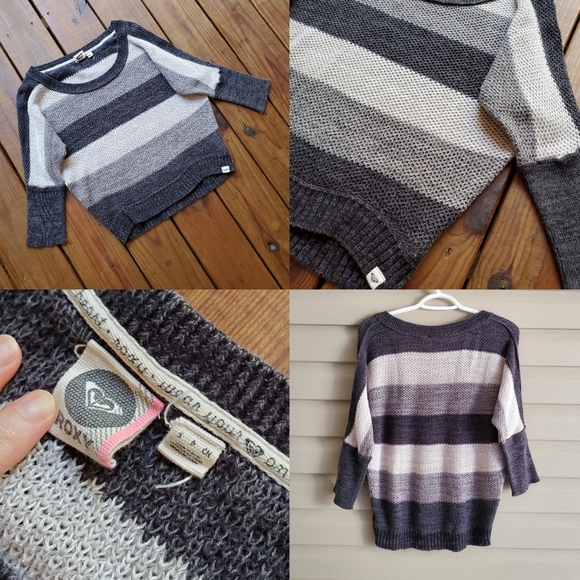 Roxy size S gray strip slouchy 3/4 fitted sleeve pullover sweater - Picture 4 of 4